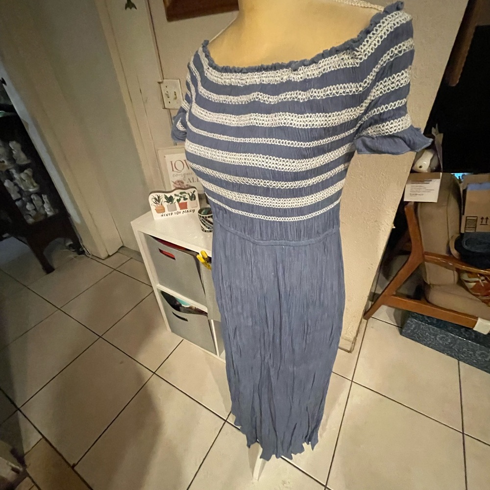 Tantrums Blue Striped Off-Shoulder Maxi Dress